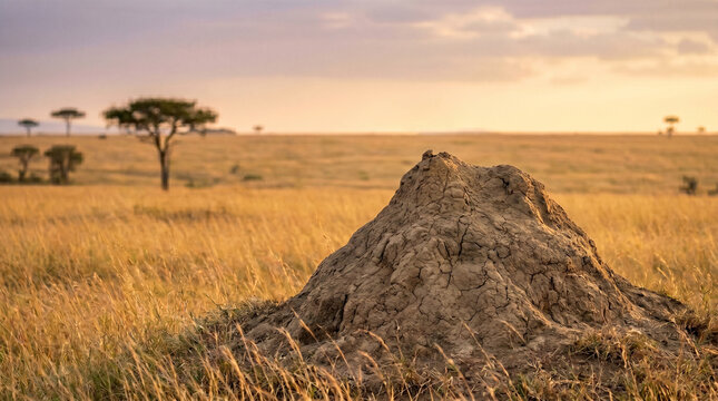 A large termite mound in a savannah landscape with trees and grass at sunset