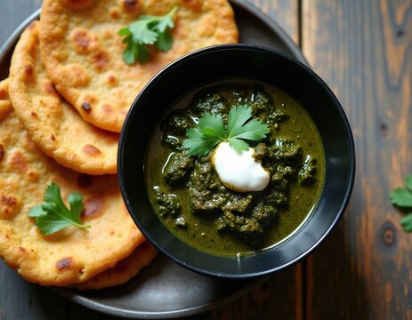 Authentic Indian dish sarso ka saag served with makki ki roti flatbread. Creamy spinach curry in bowl, garnished with yogurt and cilantro. Traditional Punjabi food on rustic wooden table.