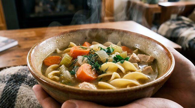 Warm and comforting bowl of homemade chicken noodle soup served
