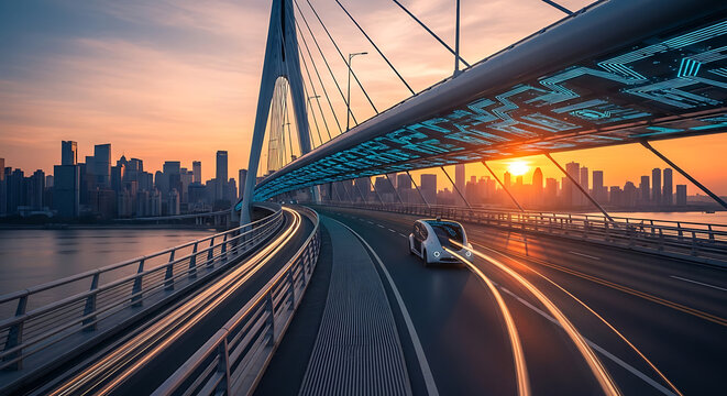 Autonomous Electric Car Driving on Modern Bridge at Sunset, Futuristic Smart City Transportation with Urban Skyline and Motion Light Trails