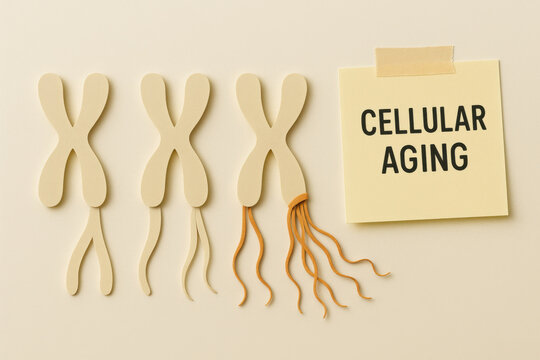 Minimal infographic of cellular aging with chromosome and shortening telomere. science and biology concept of genetics showing degeneration process against clean pastel background