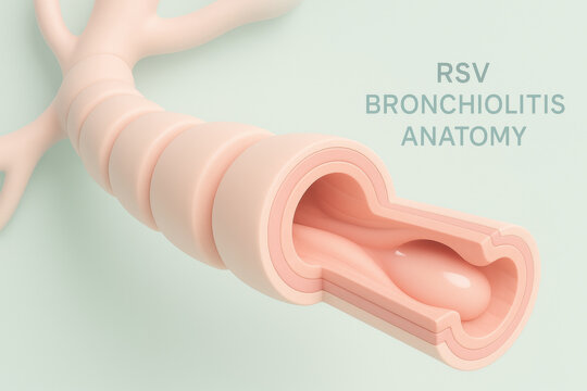 Anatomical illustration of bronchiolitis, lung disease from RSV. narrowed bronchiole showing inflammation and mucus. Medical anatomy for healthcare and education concepts
