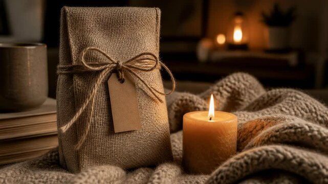 A burlap gift bag with a twine bow and blank tag sits beside a flickering candle on a rustic wooden table surface creating a cozy and warm seasonal atmosphere.