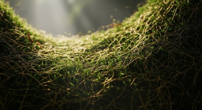 Intricate green moss texture with delicate tendrils bathed in soft, atmospheric light