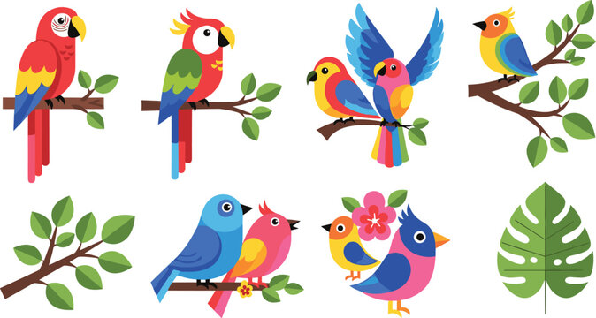Colorful Tropical Parrot and Bird Icon Set with Exotic Feathered Characters on Branches and Leaves for Nature and Wildlife Designs