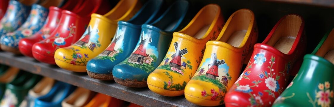 Many colorful wooden clogs display traditional Dutch windmill art. Shoes are arranged neatly on store shelf, showcasing souvenir crafts, folk culture, and European heritage.