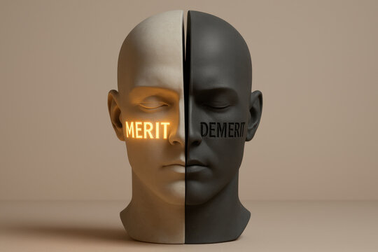Split head sculpture shows surreal duality concept. One side glowing gold with word merit, other matte black with demerit, symbolizing an internal conflict