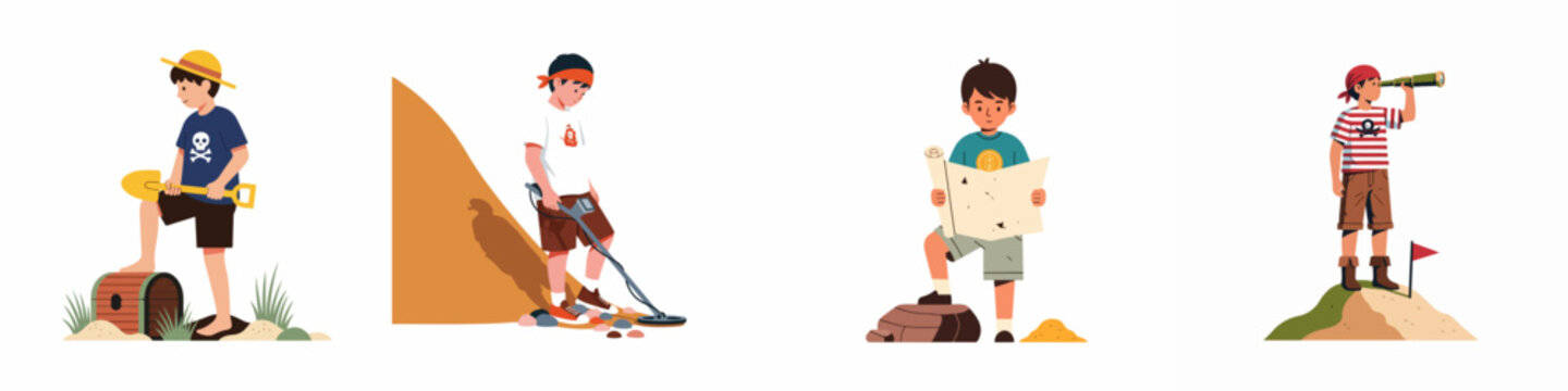 Set of four cartoon boys in pirate outfits hunting for buried treasure, using a map, shovel, metal detector, and telescope on white background.