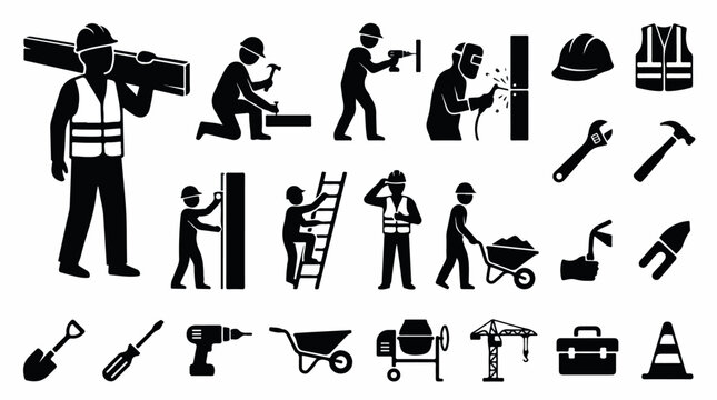Construction worker icons set, industrial builder silhouette collection, professional contractor and handyman tools vector illustrations