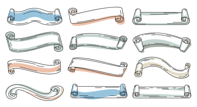 Extensive collection of twelve different parchment scrolls and banners in various rolled styles with soft color accents.