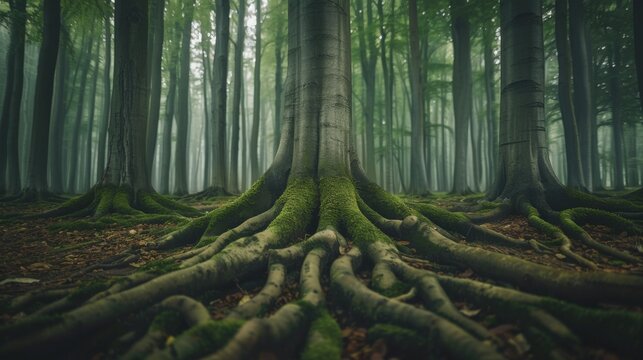 Majestic old beech tree with massive moss-covered roots spreading across forest floor in misty foggy woodland, atmospheric nature landscape with green lush vegetation and depth