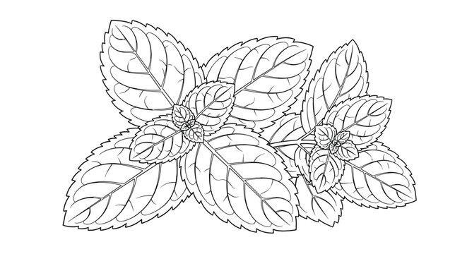 Detailed botanical illustration of fresh peppermint or spearmint leaves, shown in a clean black and white line art drawing for coloring.