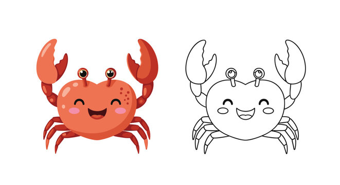 Cute smiling cartoon crab in bright red alongside a matching black and white line art version for children to color and enjoy.