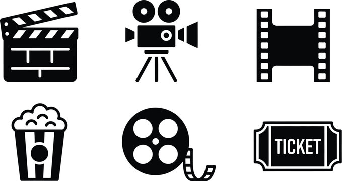 Movie element icon set, clapperboard vintage camera film strip popcorn reel and ticket symbols for cinema and entertainment design.