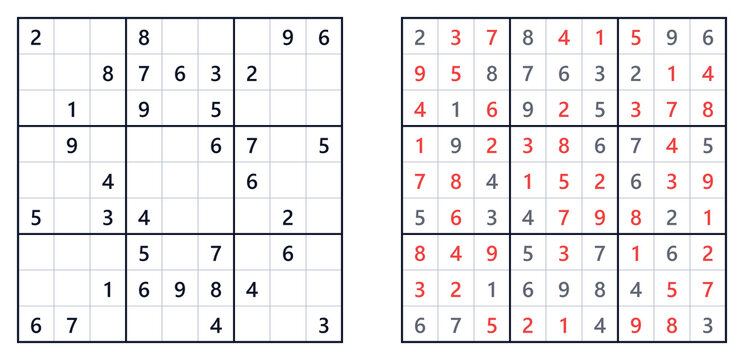 Classic Sudoku puzzle grids with clues and solutions in red  