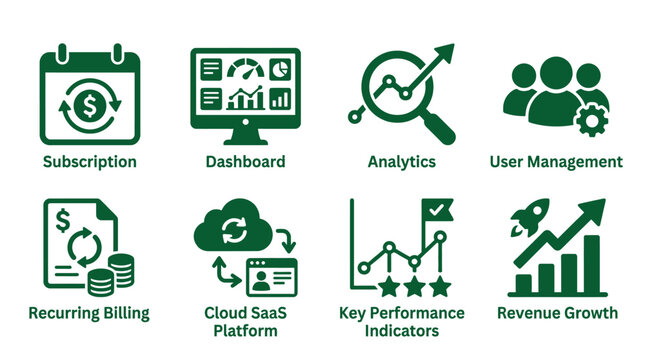 Set of eight flat vector icons for software as a service and cloud computing business.