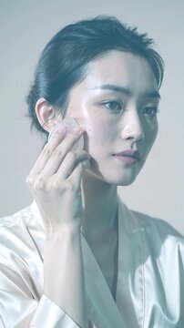 Asian woman applying skincare product with a facial tool, showcasing a close-up view of her skin routine in a softly lit indoor setting