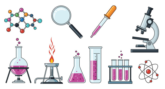 Colorful icons of essential science laboratory tools including a microscope, beakers, test tubes, burner, and molecular models.