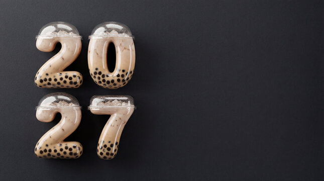 2027 shaped from bubble tea cups with tapioca pearls on dark background beverage trend concept for cafe menu promotion dessert drink culture playful calendar with copy space layout