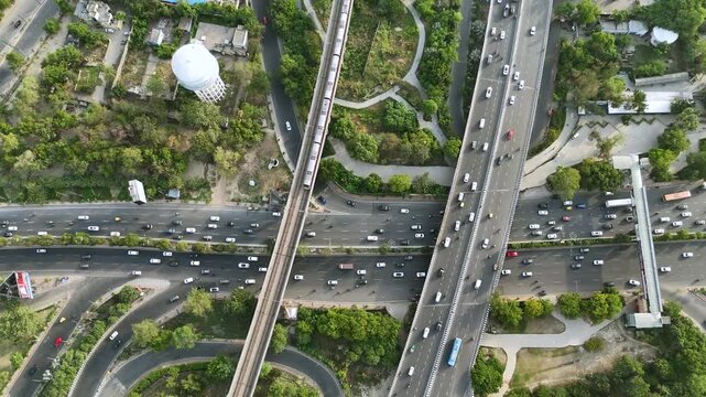 Aerial View of Mahamaya Flyover and Noida Metro Line in Noida India