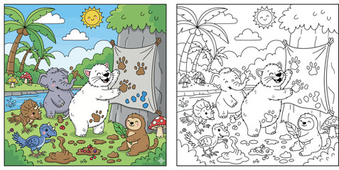 Fototapeta premium Cute Jungle Animals Cartoon Illustration with Bear Painting Muddy Paw Prints, Elephant, Sloth and Dinosaurs in Tropical Forest