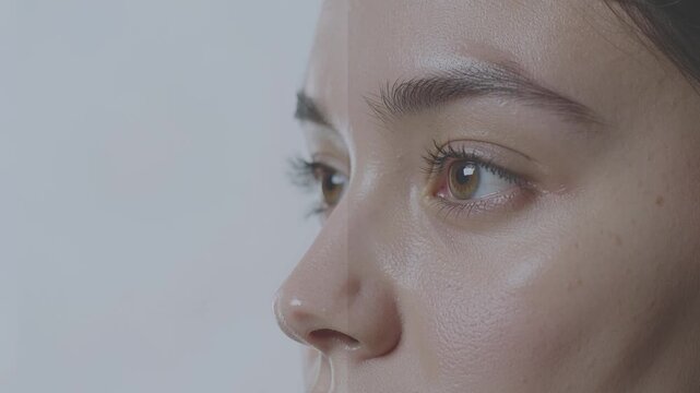 Young woman with brown eyes and dark hair gazes thoughtfully to the side, showcasing her facial features and skin texture in a softly lit indoor setting