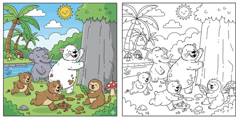 Cute Jungle Animals Cartoon Illustration with White Bear, Elephant and Bear Cubs Playing in Tropical Forest Scene © MstSangita