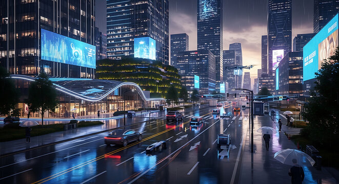 Futuristic Smart City Street at Night with Rainy Reflections, Neon Digital Billboards, and Autonomous Traffic in Modern Urban Metropolis