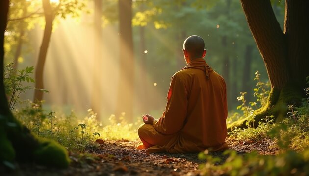 Buddhist monk sits in lotus pose meditating. Golden sunbeams pierce lush green forest canopy. Person finds inner peace and calm amidst nature, spiritual awakening.