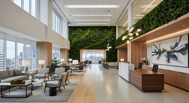Modern Luxury Office Reception Lobby with Biophilic Green Wall and Elegant Interior Design