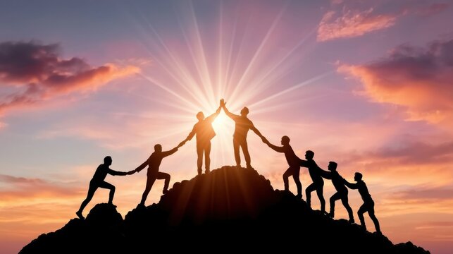 Silhouetted group holding hands in unity and teamwork standing on mountain peak with sunset sky and radiant sunbeam background inspiring success and cooperation