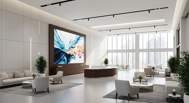 Modern Luxury Office Lobby Interior with Reception Desk and Large Digital Art Display Screen