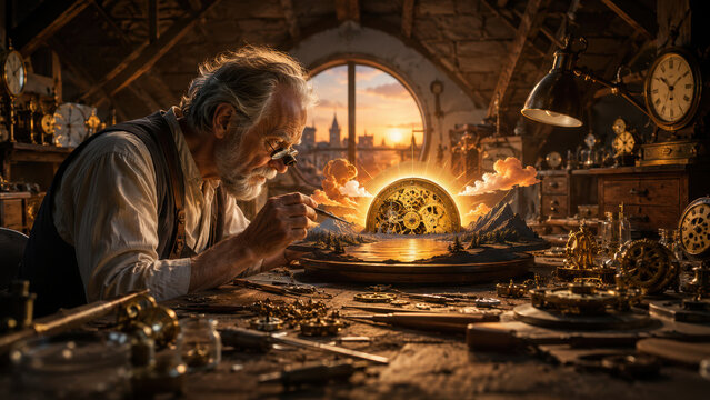 Elderly craftsman building a miniature clockwork landscape at sunset, imagination, precision, legacy and creation concept