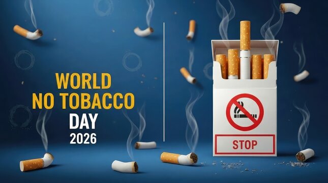 Three dimensional cigarette box with a red stop sign on a blue background graphic layout template
