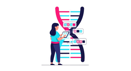 Fototapeta premium Female Scientist Analyzing DNA Double Helix with Tablet Illustration for Biotechnology and Genetic Engineering