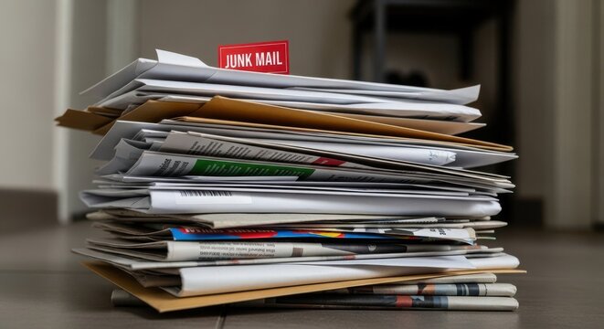 A large stack of mail and flyers marked with a 'Junk Mail' sign, piled on a hall surface, representing unsolicited correspondence.