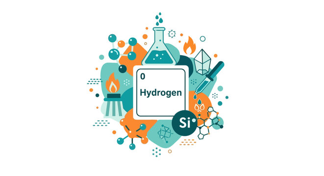 Modern Chemistry Concept Illustration Featuring Hydrogen Element, Laboratory Glassware, and Chemical Bonds