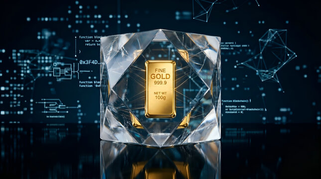 Digital Gold Market Concept with Fine Gold Bar in Crystal Cube and Coding Background
