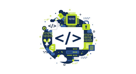 Fototapeta premium Software Development and Programming Concept Illustration with Coding Brackets, Cloud Computing, Cybersecurity Lock, and Data Server Icons on White Background