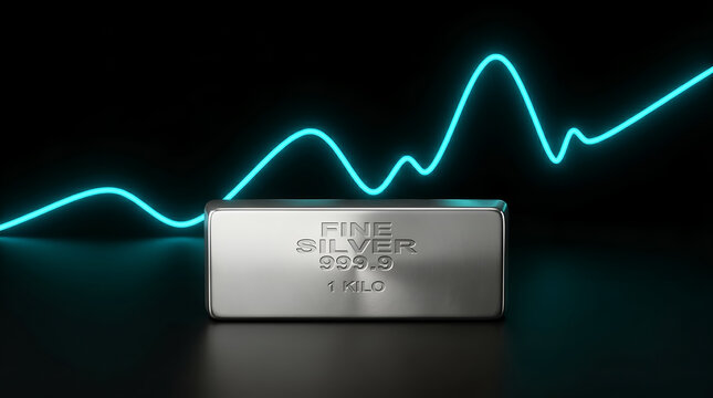1 Kilo Fine Silver Bar with Glowing Neon Financial Graph Analysis Silver Market