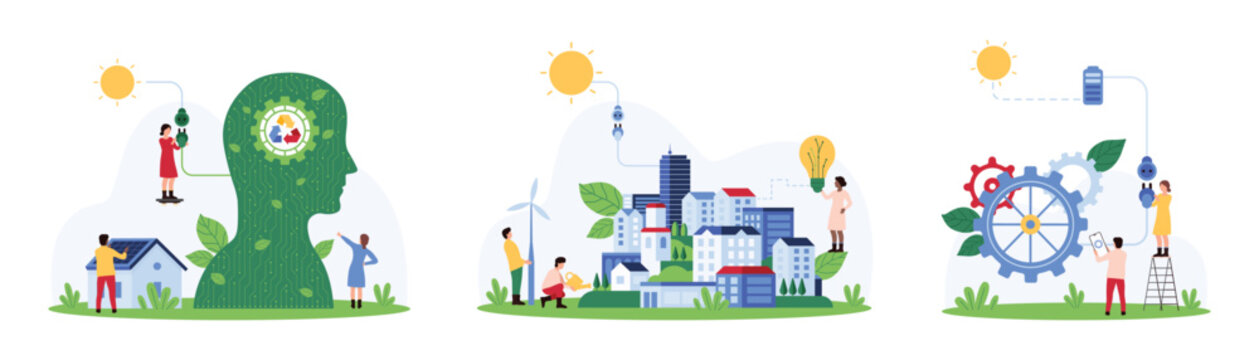 Green energy for city, eco friendly ideas of sustainability, smart home projects using AI set. Tiny people connect solar panels and houses of town, gear and human head cartoon vector illustration