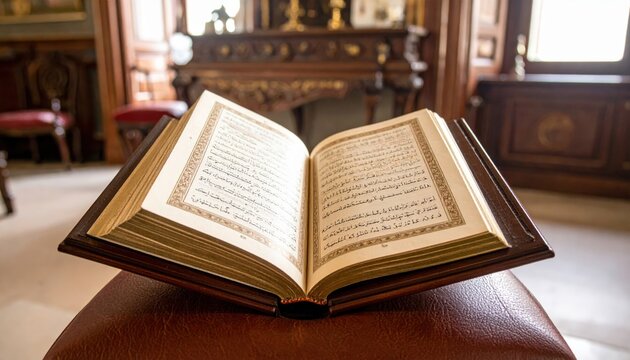 An ornate leather-bound Quran, opened to reveal illuminated Arabic calligraphy and sacred text within a stately library setting.