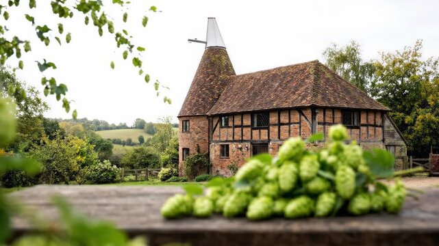 Tracking dolly shot with focus pull of hops cones on wooden table revealing oast house in rural countryside during autumn morning