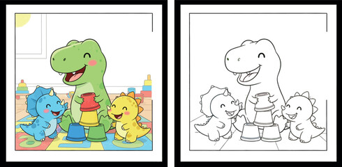 Cute Dinosaur Friends Cartoon Illustration in Kids Playroom with Stacking Cups, Toys and Happy Nursery Scene © MstSangita