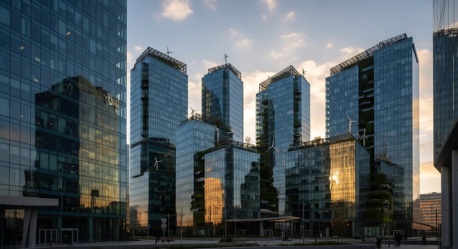 Modern Eco-Friendly Skyscrapers with Vertical Gardens and Wind Turbines at Golden Hour Sunset