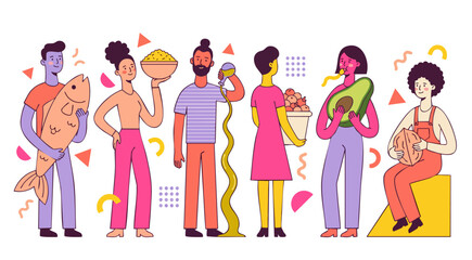 Fototapeta premium Healthy food illustration diverse people holding nutritious ingredients for Mediterranean diet with fish avocado olive oil and grains on white background flat vector style cartoon characters design