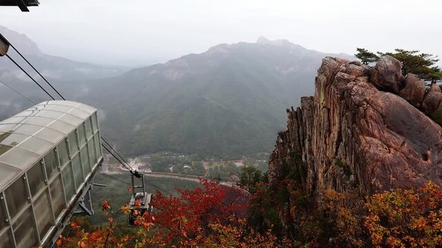 Cable car at Seoraksan National Park in South Korea on rainy autumn day