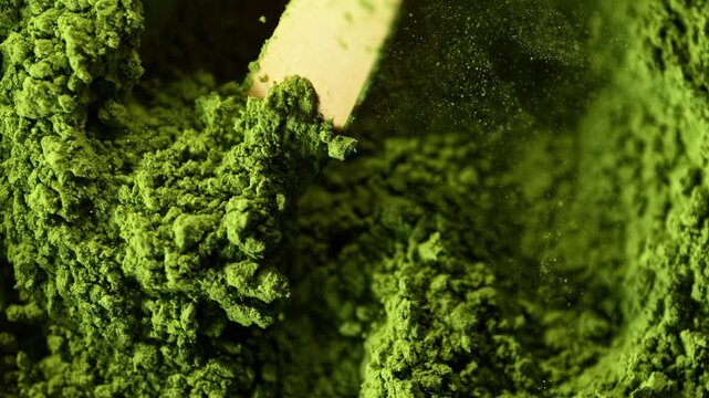 Bamboo Scoop Chashaku Lifting Matcha Powder in Macro Close Up
