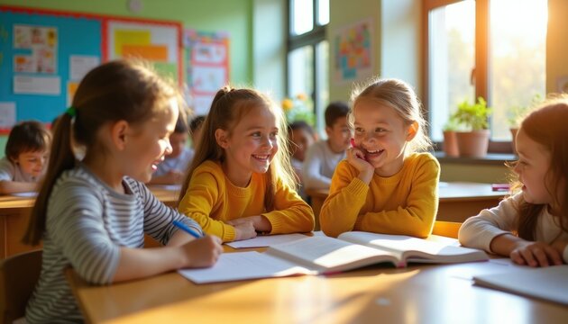 Young girls laugh at desks in a sunlit classroom. Students learn, write, and interact with books open. Children enjoy elementary school lessons, engaged in education.
