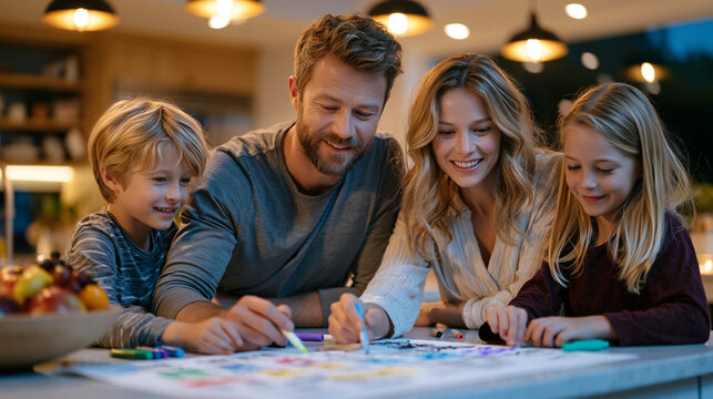 A family of four gathered around a kitchen island under warm pendant lights, breaking down a weekly grocery budget using a whiteboard and colored markers, a bowl of fresh summer fruit on the counter